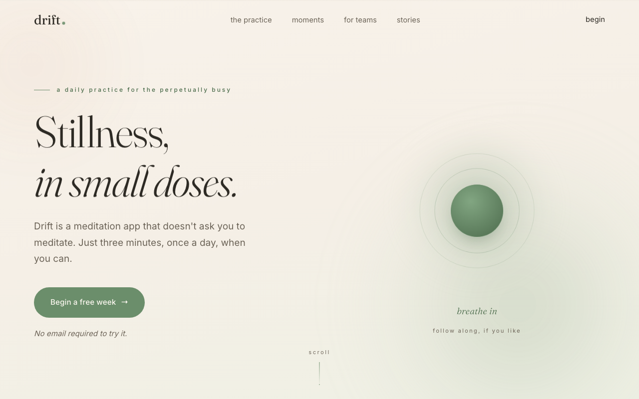 Drift meditation app landing page with the headline 'Stillness, in small doses.' on a soft sage-green design